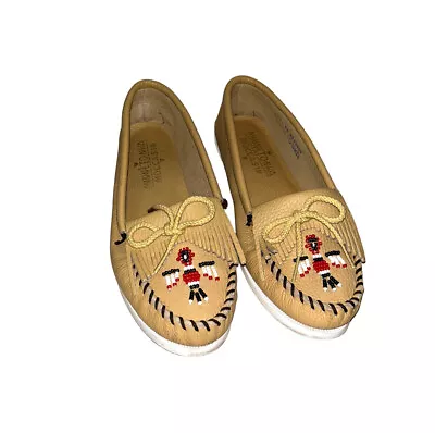 Minnetonka Thunderbird Beige Leather Fringe Moccasins Slip On Shoes Size 9.5 • $43.46