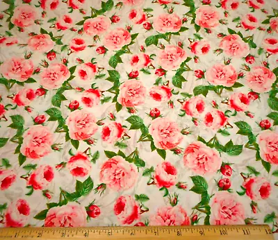 Floral Fabric By Half-Yard Pink Roses Lt Gray Swirls Ivory Premium Cotton Vtg PC • $4.99