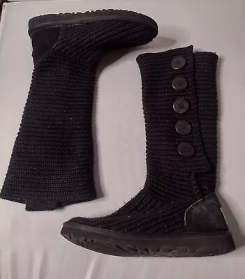 UGG Australia Classic Knit Tall Black Boots 7 Black Buttons Sweater A7 • $18.38