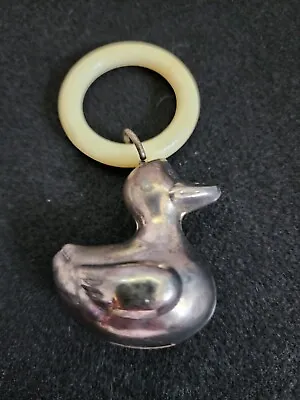 Vintage Nursery Silver Plated Baby Teething Duck Rattle Metal And Plastic • $12.99