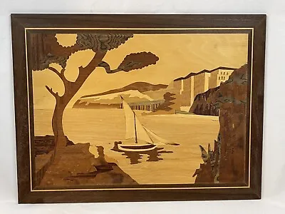 Vintage Wood Marquetry Inlay Picture Sailboat Italy - 3229 • $50