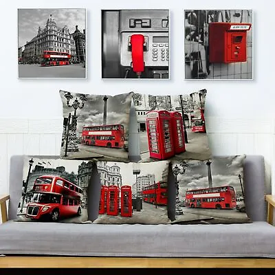 Red London Bus Print Cushion Cover Square Throw Pillows Cases Sofa Home Decor  • £3.30