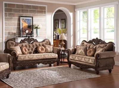 Luxurious Formal Wood Carving Sofa Set Vintage Living Room 2pc Sofa Loveseat • $3569