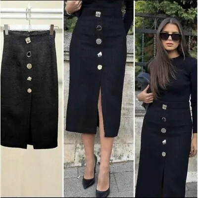 Zara $89 High-waisted Textured Buttoned Straight Pencil Skirt Black All Sizes • $65