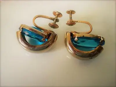 Vintage Gold Tone And Aqua Glass SB Earrings • $9