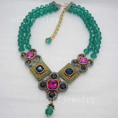 Heidi Daus HUGE Women Jewelry  Teardrop Pendant Beaded Necklace Green Square CZ • $49.99