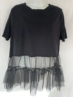 Zara Uk Size Large Black Short Sleeve Tutu T-shirt Peplum Top • £6.99