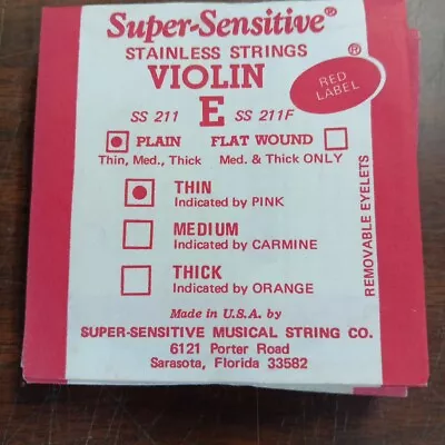 1 Violin String E 4/4 Thin Plain Red Label Super Sensitive SS211 F  NOS  • $5