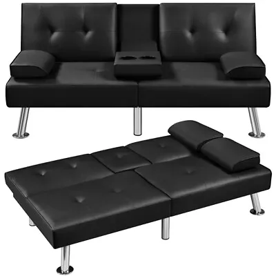 Faux Leather Sofa Bed Convertible Futon Sofa With 2 Throw Pillows Cup Holders • $155.99