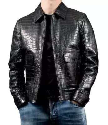 Mens Real Leather Crocodile Embossed Jacket Biker Black Alligator Print Jacket • $119