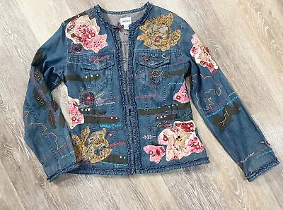 Chico's 0 Sz S Denim Patchwork Beaded Embroidered Blazer Jean Jacket Womens RARE • $71.05