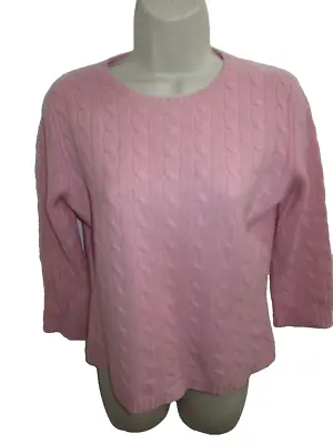 Lord & Taylor 100% Cashmere Pink Cable Knit Crew 3/4 Sleeve Sweater L May Fit M • $18.95