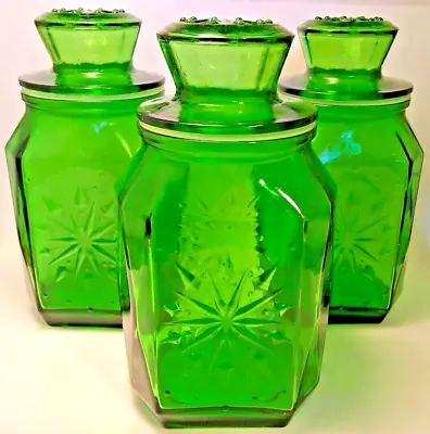 Set Of 3 Vintage Wheaton NJ  Emerald Green Glass Canisters Snowflake With Lids  • $34.95