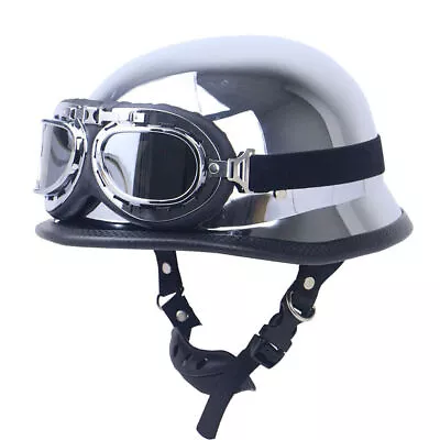 DOT German Style Motorcycle Half Helmet W/Goggles Chrome Chopper Scooter Helmet • $52.99
