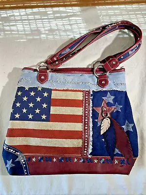 Montana West American Flag Concealed Carry Purse Blue Denim Shoulder Bag Studs • $16.99