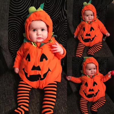 Halloween Newborn Baby Kids Sleeveless Costume Hooded Romper Pumpkin Jumpsuit﹤ • £13.49