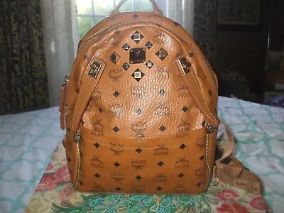 Auth MCM Cognac Leather Dual Stark Backpack Travel School Shop Gym Shoulder Bag • $474.05