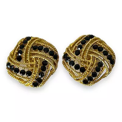 Vintage Gold Tone Clip On Huggie Statement Earrings Black Stones Metal Openwork • $30.85