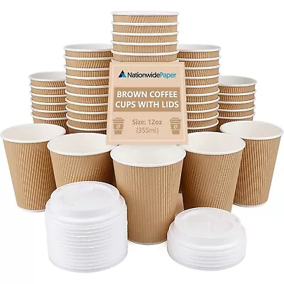 NationwidePaper Coffee Cups With Lids 50pcs 12oz Brown Disposable Takeaway Cups • £10.59