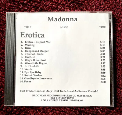 $2500 • Buy Madonna Erotica Album Cd Master Tracks Gold Post Production Test Pressing Promo