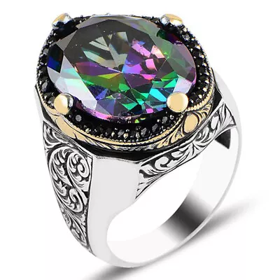 Solid 925 Sterling Silver Mystic Topaz Stone Men's Ring • $59.90