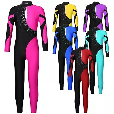 Gymnastics Leotard For Girls Dance Unitard Athletic Jumpsuit Long Sleeve Catsuit • £15.56