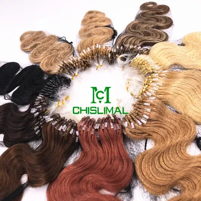 8A Body Wavy & Curly Loop Micro Rings Beads Ombre Remy Human Hair Extensions • $42.87