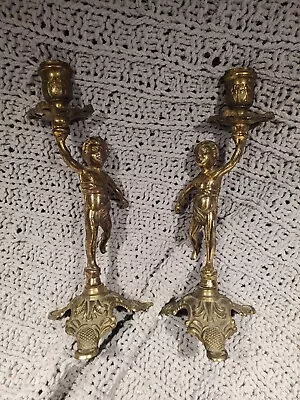 Vintage Brass Cherub Candle Holders- Set Of 2 : 9  • $65