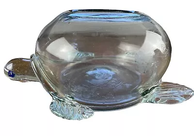 Hand Blown Clear Glass Turtle Bowl Terrarium Planter Round 8” To 9” Blue Eyes • $35