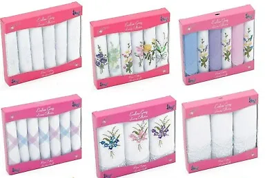 Womens/Ladies Pack Of 3/6/7 Handkerchiefs With Colour EmbroideryVarious Colours • £9.99