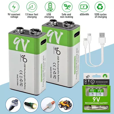 9V Rechargeable Lithium Ion Batteries 650mAh & 9V Battery USB Charger Cable LOT • £14.99