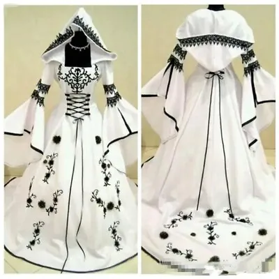 Lace Embroidery Satin Gothic Wedding Dresses Hooded Medieval Bridal Gown • $151.11