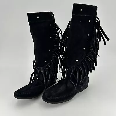 Minnetonka Moccasin Black Fringe Boots Women's 5 Suede Vintage • £19.29