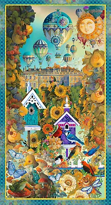 Wonderland By Day Sykel Whimsical Flowers Birdhouses Mushrooms Fabric Panel 24  • $8.50
