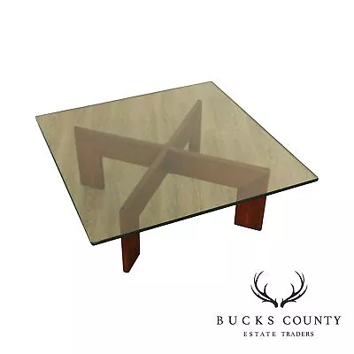 Mid Century Modern Walnut Base Glass Top Coffee Table • $965