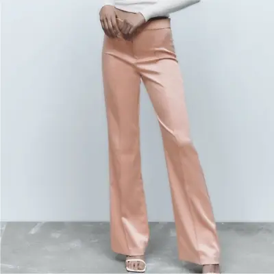 ZARA Flared Satin Trouser Pants NEW Size Medium Pale Pink • $56