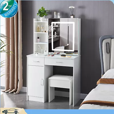 White Dressing Table Stool Set Touch-Control Mirror Vanity Table 2 Large Drawers • £154.75