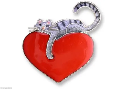 Kitty Cat Love Pin Zarah Cat On Red Heart Sterling Silver Hand Painted • $51.99