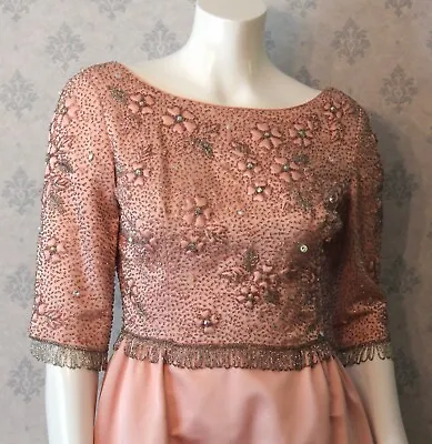Vintage 1960s Pink Satin And Silver Beaded Victoria Royal Ltd. Long Gown • $145