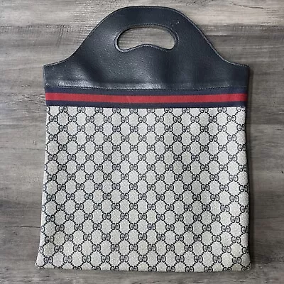 VTG GUCCI GG Supreme Flat Tote Bag SHERRY LINE Navy Blue Gray LEATHER HANDLE TOP • $324.99