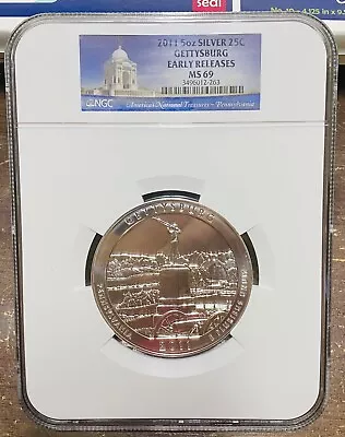 2011 5 OZ Gettysburg Silver 25C NGC MS69 Early Releases - LOOKS PROOF LIKE • $219.99