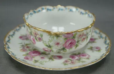 GDA Limoges CHF721 Pink Roses Blue Forget Me Nots & Gold Ramekin & Saucer C • £144.63