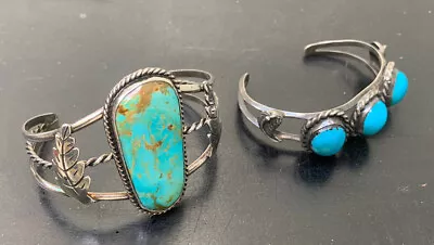 2 Lot Vintage Ornate Southwest Turquoise Sterling Silver W/ Feathers Bracelets • $43