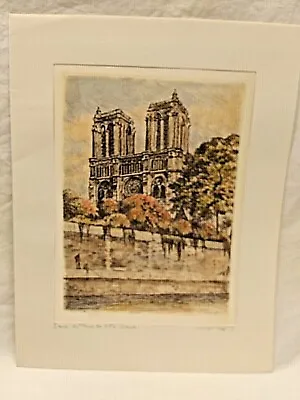 Vintage French Etching Printed On Silk Hand Colored Norte De Dame Signed T. Roux • $55.91