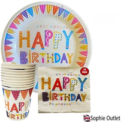 Happy Birthday Tableware Set Paper Plates Cups Napkins Colourful Party Decor UK • £8.66