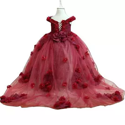 3d Flower Girl Dress Sweet 16 Quinceanera Gown Burgundy Flowers Birthday Girl G • $294.88