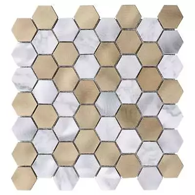 White Calacatta Marble Champagne Gold Metal 1.5  Hexagon Mosaic Tile Backsplash • $3.99