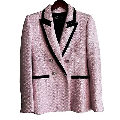 Zara Pink Tweed Blazer Size S Bloggers Fave Black Contrast Trim Double Breasted • $105