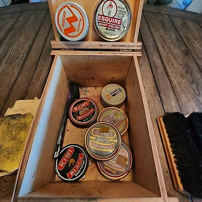 Shoe Shine Wooden Polish Box Kiwi Tin + Brush Antique Escquire Vintage • $19.95