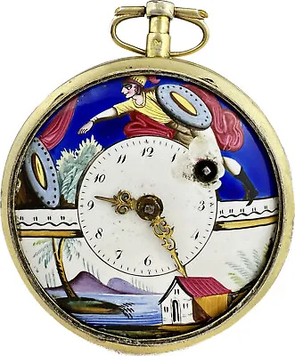 Antique Key Wind Fusee Pocket Watch French W Fancy Enamel Painted Scene Dial • $460